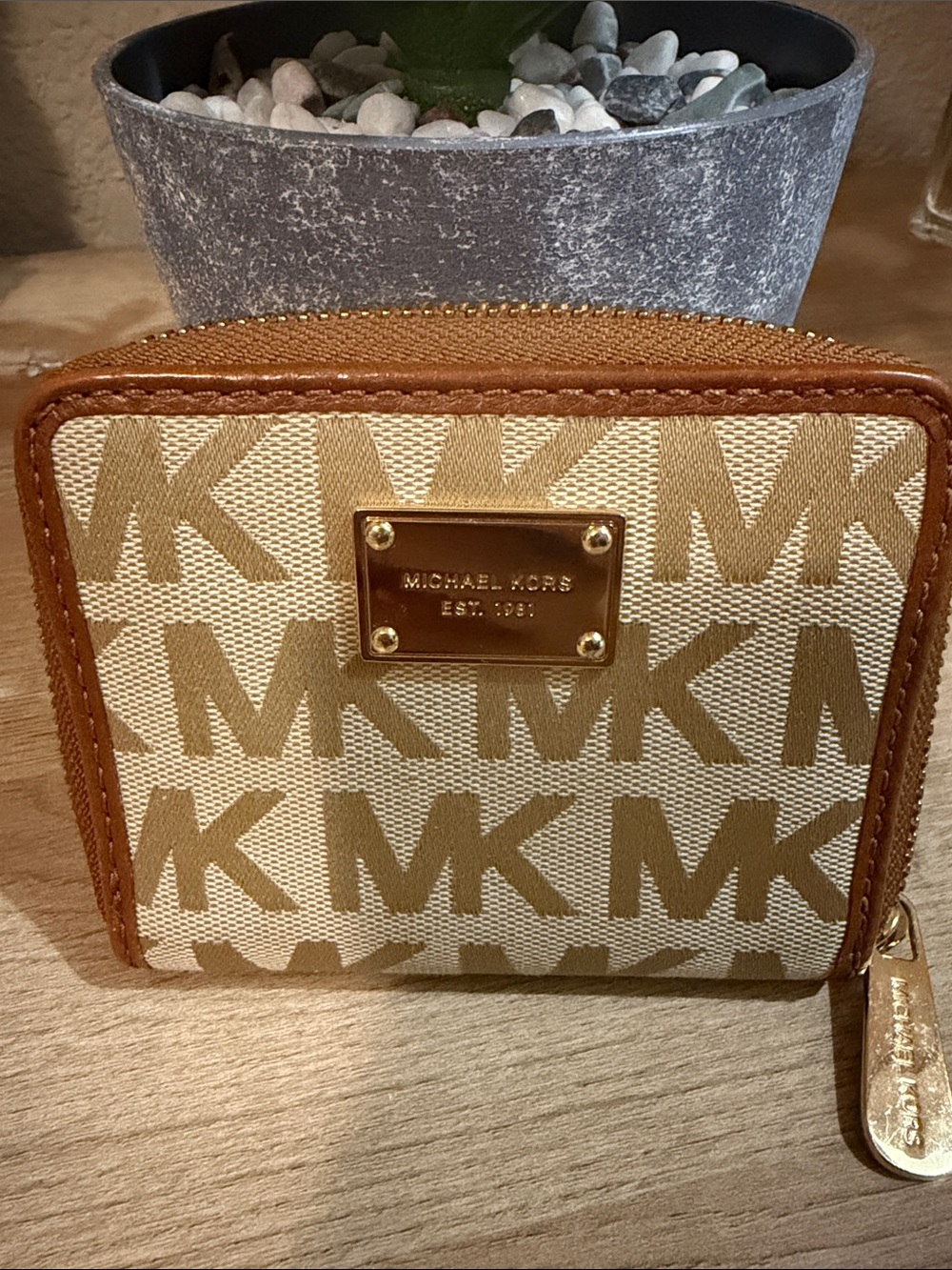 Michael Kors Beige & Tan Logo Zip Wallet with Gold Plaque